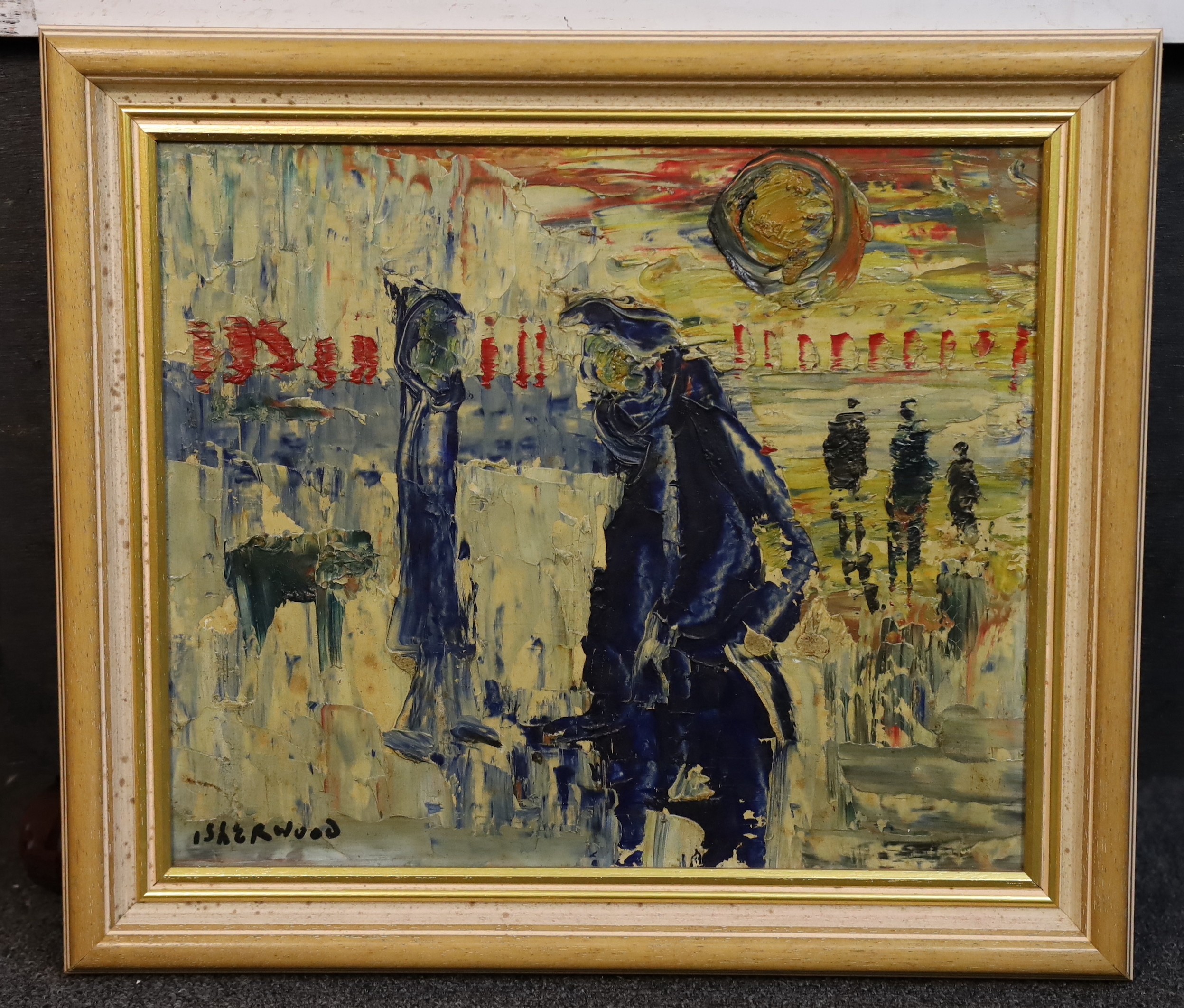 James Lawrence Isherwood (British, 1917- 1989), 'Rain People', oil on board, 29 x 34cm